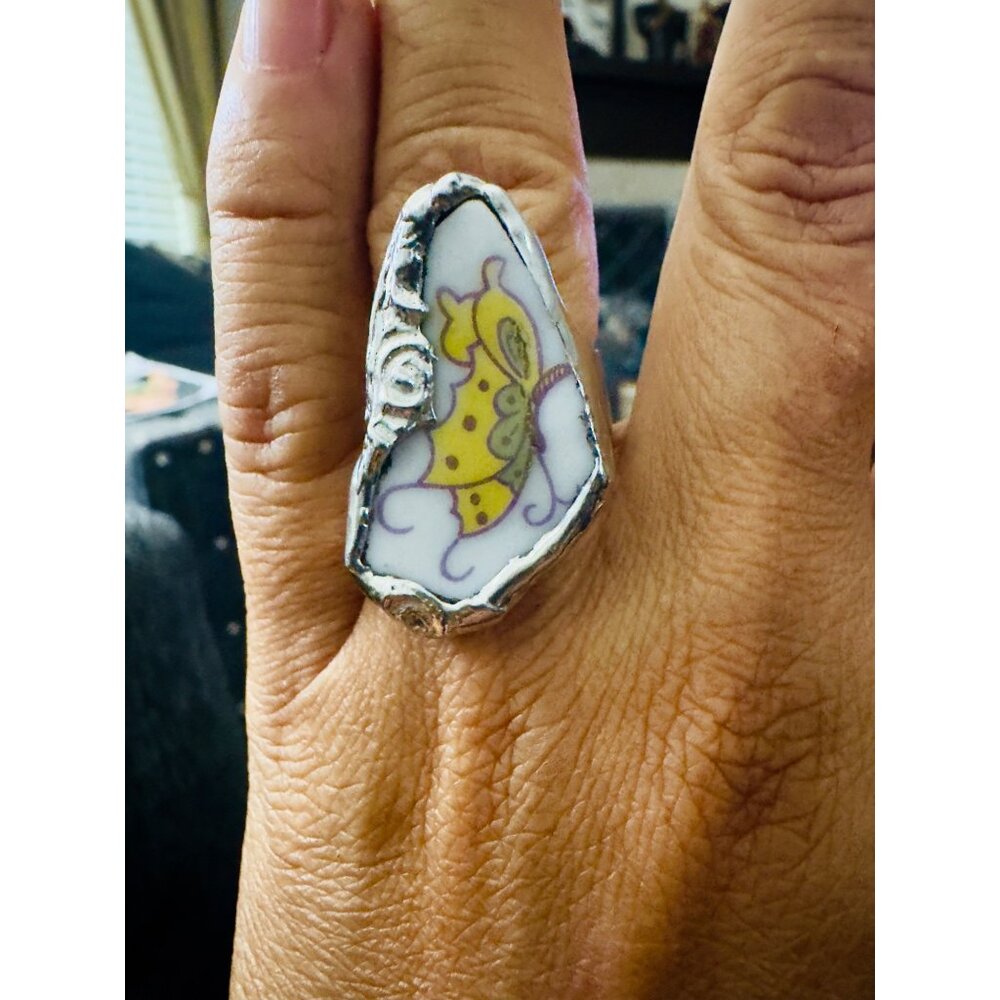 Artisan Broken China Butterfly Ring & Upcycled Silver Spoon Bowl Adjustable Band